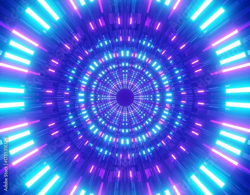 A vibrant circular tunnel illuminated by colorful neon lights, casting a mesmerizing glow on the smooth, reflective walls, creating a futuristic ambiance.