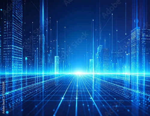 A vibrant cityscape featuring sleek skyscrapers and modern buildings, interconnected by striking blue lines that create a dynamic urban network.