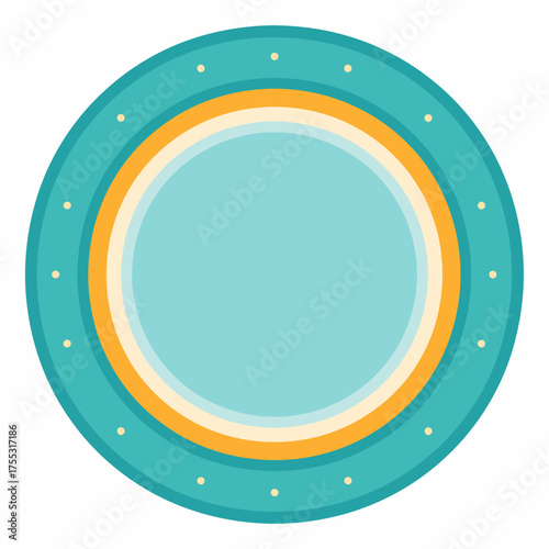 A decorative teal plate with concentric rings of yellow and white.