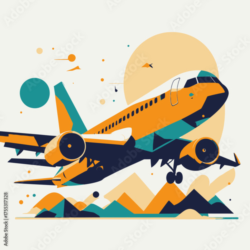A stylized illustration of a modern passenger jet airplane taking off over abstract mountainous terrain.