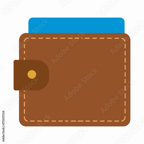 A simple, flat illustration of a brown leather wallet with a blue card peeking out from the top.