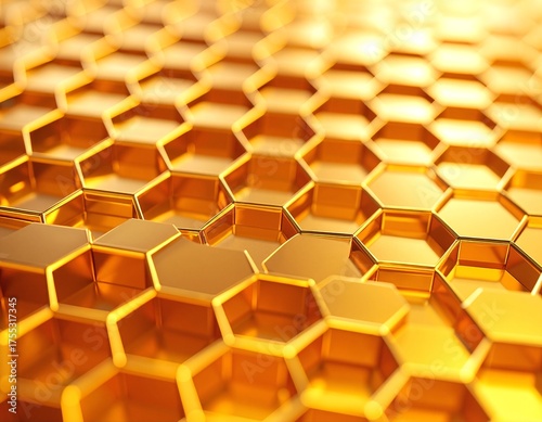 A close-up view of shimmering gold hexagons, showcasing their intricate patterns and reflections, creating a luxurious and modern aesthetic.