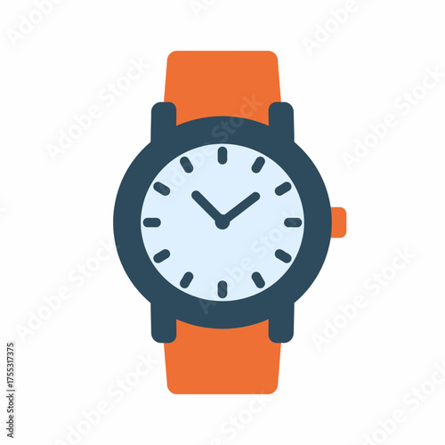 A simple, flat illustration of a wristwatch with an orange strap and a dark blue casing.