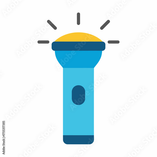 A bright blue flashlight with a yellow light source emitting rays of light on a white background.