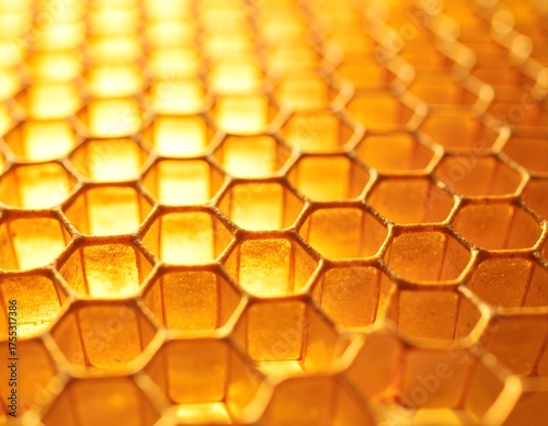 A close-up view of honey cells showcasing intricate hexagonal patterns filled with golden honey, glistening under soft natural light, highlighting their texture.