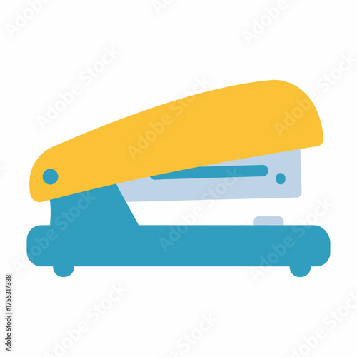 A simple, colorful illustration of a yellow and blue stapler on a white background.