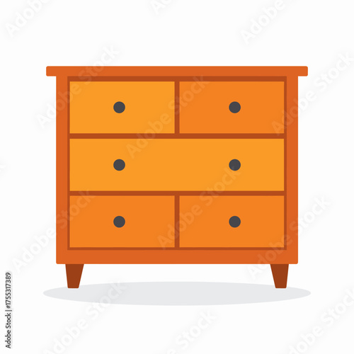 A flat design illustration of an orange wooden dresser with six drawers and black knobs.