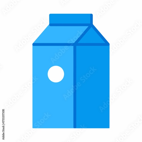 A simple, flat design illustration of a blue milk carton with a white circle on its side.