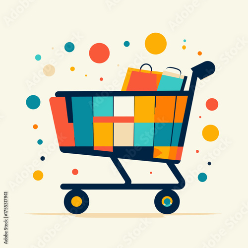 Colorful graphic illustration of a shopping cart filled with bags and surrounded by vibrant dots, representing e-commerce or retail.