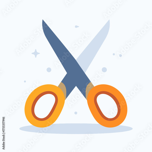 A stylized illustration of a pair of open scissors with orange handles against a light blue background with subtle sparkles.