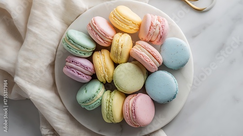 Vibrant Pastel Macarons Assortment on a Marble Plate