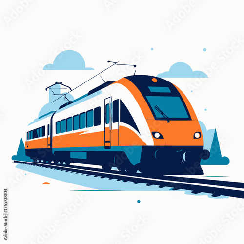 A modern electric passenger train speeds along a railway track in a stylized, flat vector illustration.