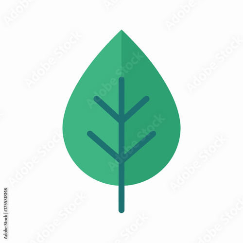 Simple flat design illustration of a single green leaf with prominent veins on a clean white background.