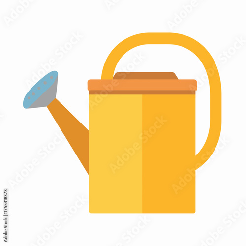 A simple flat vector illustration of a yellow watering can with an orange handle and a blue spout, isolated on a white background.