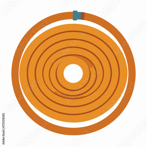 A neatly coiled orange garden hose with a blue connector, ready for use.