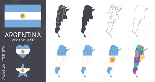 Argentina vector map collection with region flag symbol and outline