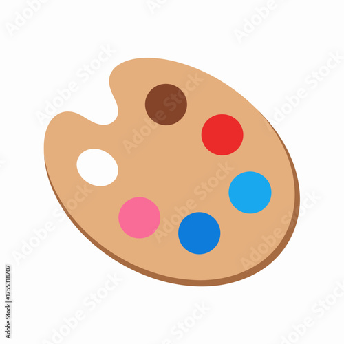 A classic wooden artist's paint palette with dabs of colorful paint isolated on a white background.
