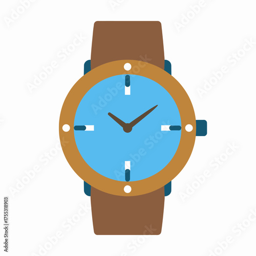 Flat design illustration of a classic analog wristwatch with a blue face and brown strap.