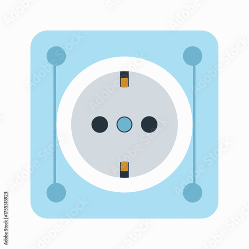 A simple illustration of a light blue electrical socket with three holes and a square backing.