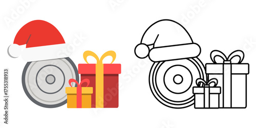 Robot vacuum with Santa hat icon cleaning near a present. Great for smart home holidays, automated cleaning, and festive household technology themes.