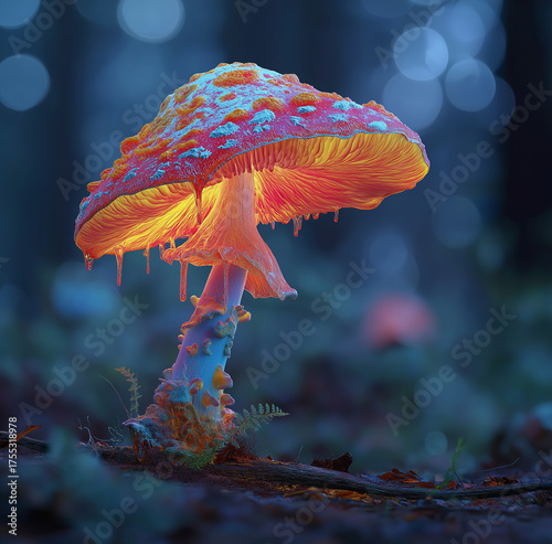 A colorful, psychedelic mushroom in the forest
