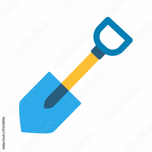 Blue shovel with yellow handle, angled view, isolated on white.