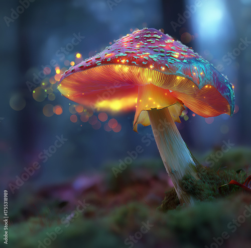 A colorful, psychedelic mushroom in the forest