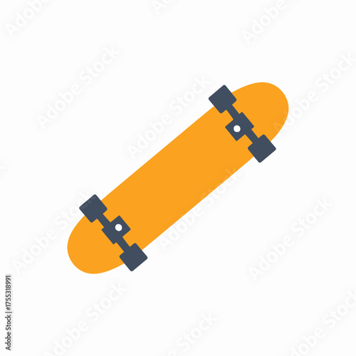 A simple flat design illustration of an orange skateboard with dark blue wheels, depicted on a white background.