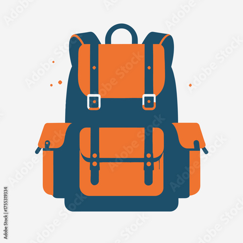 Suitable for outdoor and adventure designs, this image features an orange and navy blue camping backpack on a white background.