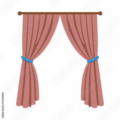 Parted pink curtains with blue ties on a rod. Perfect for home decor, interior design, feminine themes, and elegant concepts.