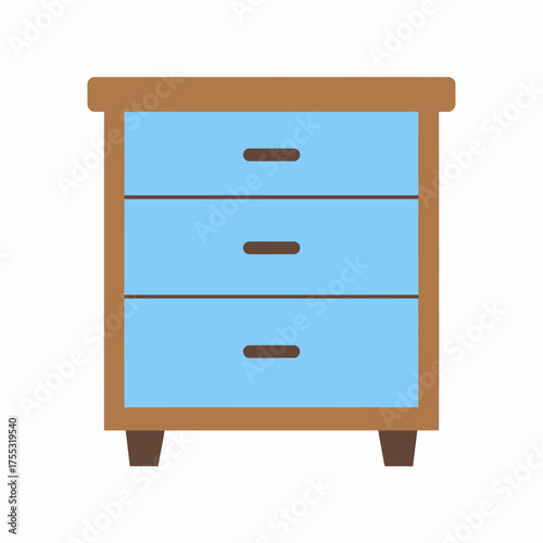 Illustration of a wooden nightstand with three blue drawers.
