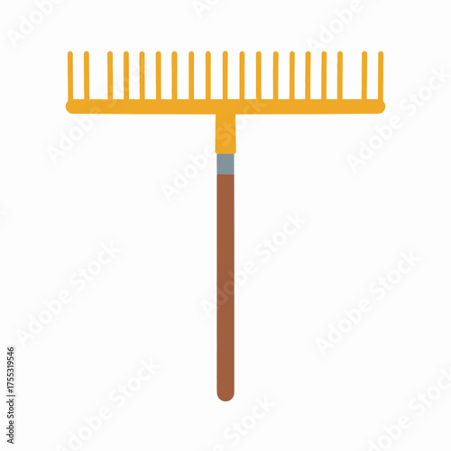 A simple, flat illustration of a yellow rake with a brown handle against a white background.