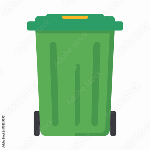 A green wheeled garbage bin with a yellow handle on its lid, isolated on a white background.