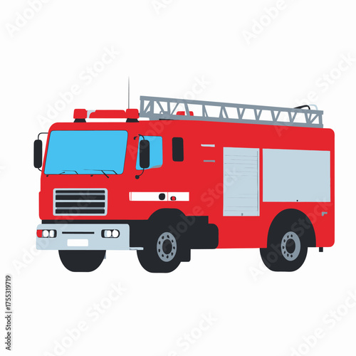 A bright red fire truck with a ladder on top, parked on a white background.