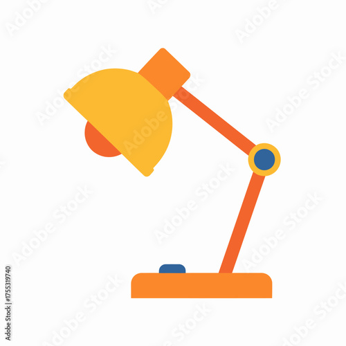 A simple, modern, orange and yellow desk lamp with a blue button on its base.