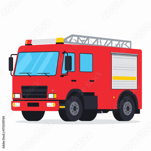 A bright red fire truck with a ladder on top, parked against a white background.
