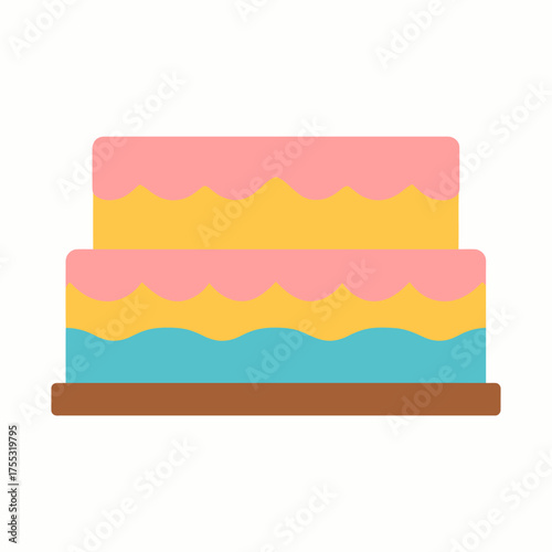 A two-tiered cake with pink, yellow, and blue frosting on a brown base.