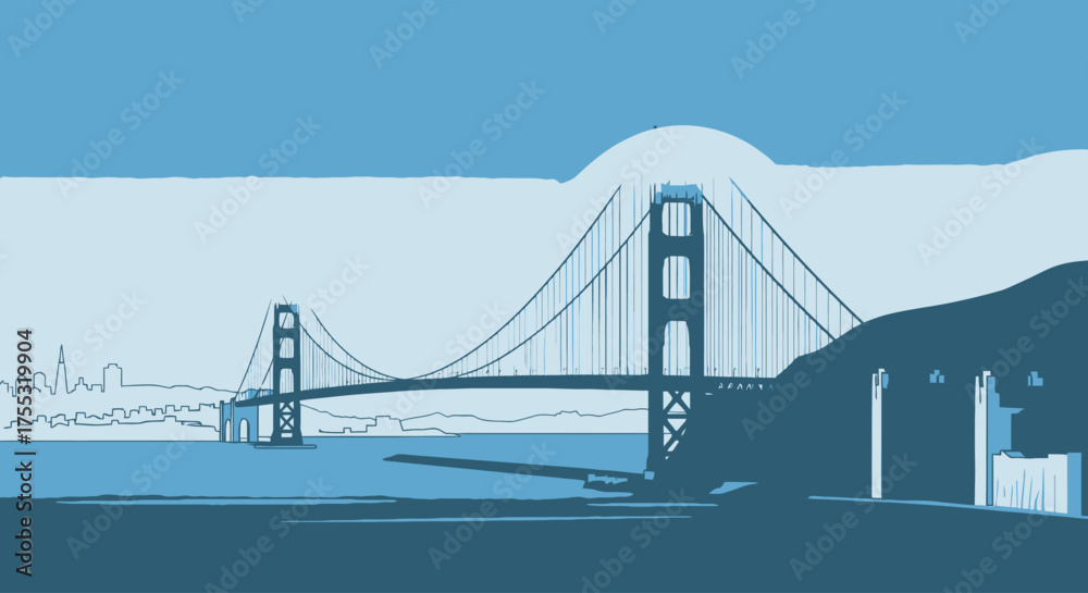 Fototapeta premium Minimalist San Francisco Golden Gate Bridge Illustration in Blue Tones, Perfect for Travel Posters and Cityscape-Themed Graphic Design Projects