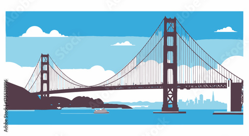 Iconic Golden Gate Bridge Illustration in Minimalist Style, Perfect for Travel Posters, San Francisco Tourism, and Architectural Visualization Projects