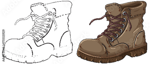 Work Boot Vector Illustration with Color and Outline Versions