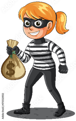 Cartoon Female Robber Holding Money Bag and Smiling