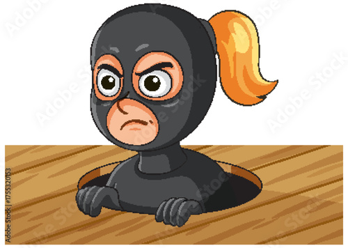 Cartoon Female Burglar Emerging From Wooden Floor Trapdoor