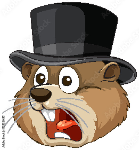 Surprised Groundhog Wearing Black Top Hat Cartoon Vector