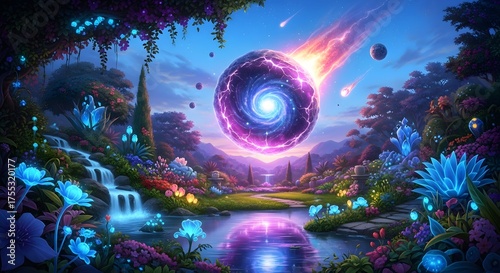 Mystical alien forest illuminated by a swirling cosmic orb and a fiery comet