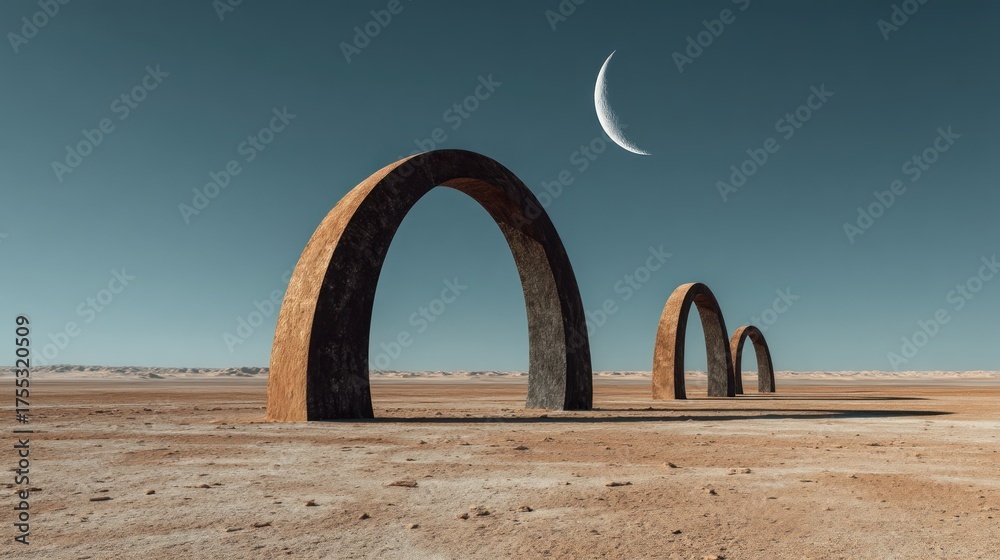 Fototapeta premium Three ancient stone arches in a vast, barren desert landscape with a crescent moon in the sky.