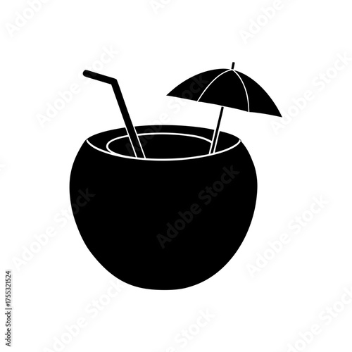 Coconut drink with umbrella on transparent background silhouette