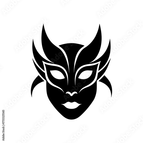 Stylized horned face art on transparent background silhouette