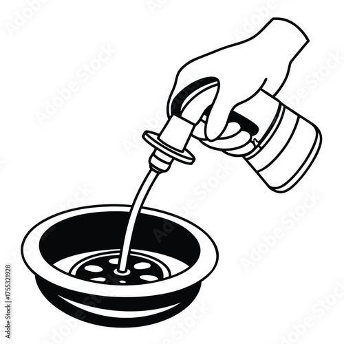 Hand pouring liquid from bottle into drain with strainer vector illustration