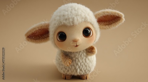 A cute, fluffy lamb with big, expressive eyes and a friendly expression, standing on a brown background with a beige wall.