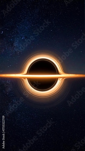 A supermassive black hole with a glowing accretion disk in deep space.
